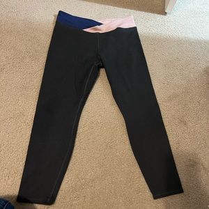 Fabletics XL leggings. Heathered dark grey with pink and blue waist band